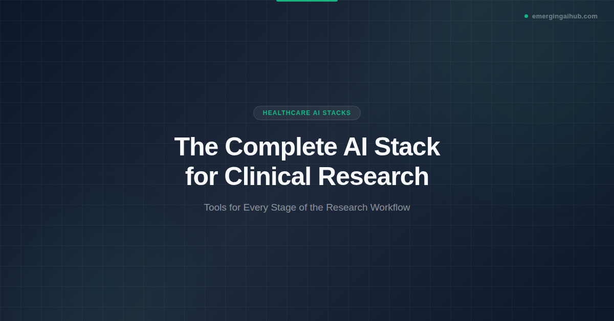 AI stack for clinical research featured image — dark branded banner showing the title The Complete AI Stack for Clinical Research with the Healthcare AI Stacks category badge and EmergingAIHub branding