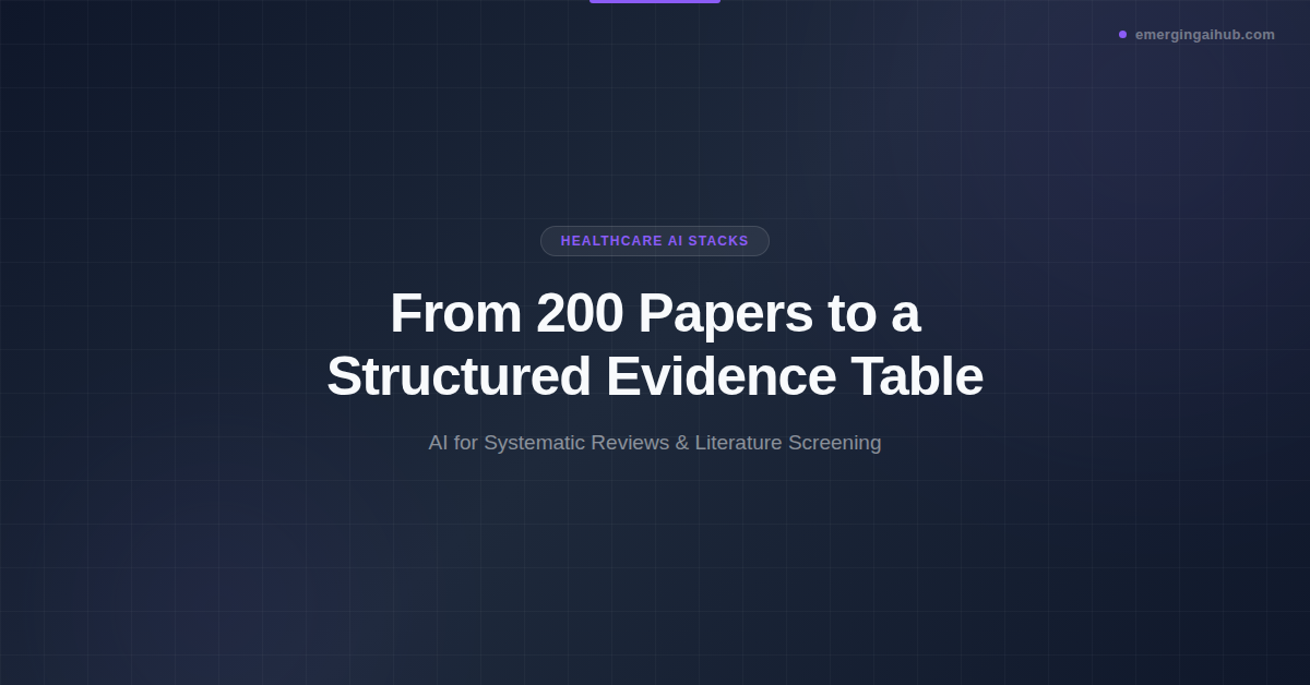 AI systematic review featured image — dark branded banner showing the title From 200 Papers to a Structured Evidence Table with the Healthcare AI Stacks category badge and EmergingAIHub branding