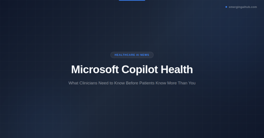 Microsoft Copilot Health featured image — dark branded banner showing the title Microsoft Copilot Health with the Healthcare AI News category badge and EmergingAIHub branding