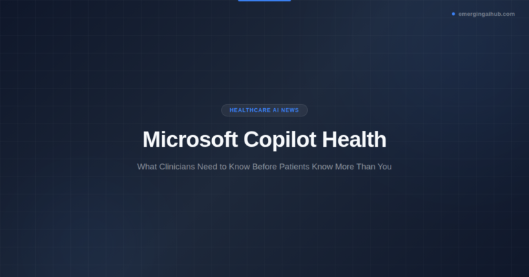Microsoft Copilot Health featured image — dark branded banner showing the title Microsoft Copilot Health with the Healthcare AI News category badge and EmergingAIHub branding